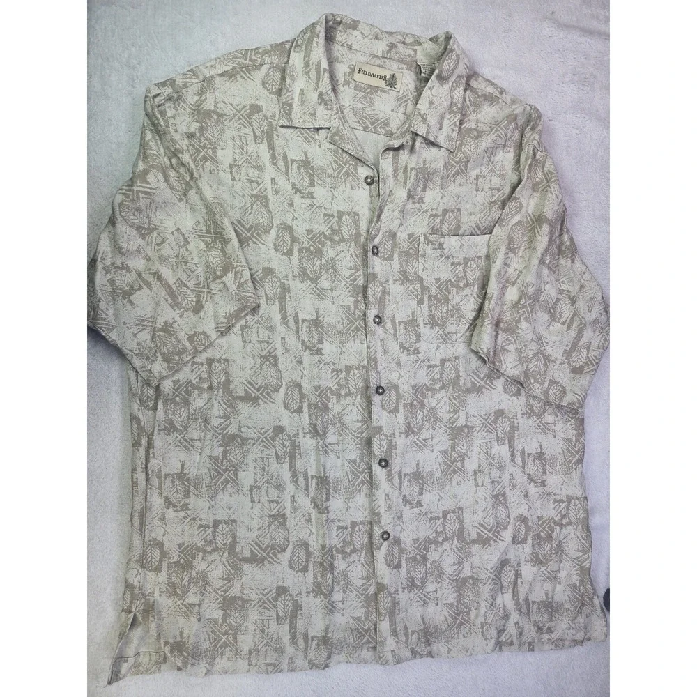 Fieldmaster Rayon Hawaiian Shirt Mens L Beige Tropical Print Button Up Vacation